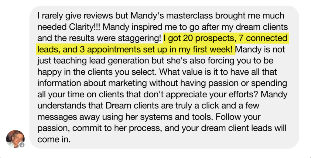 Mandy McEwen how to generate leads on linkedin testimonial