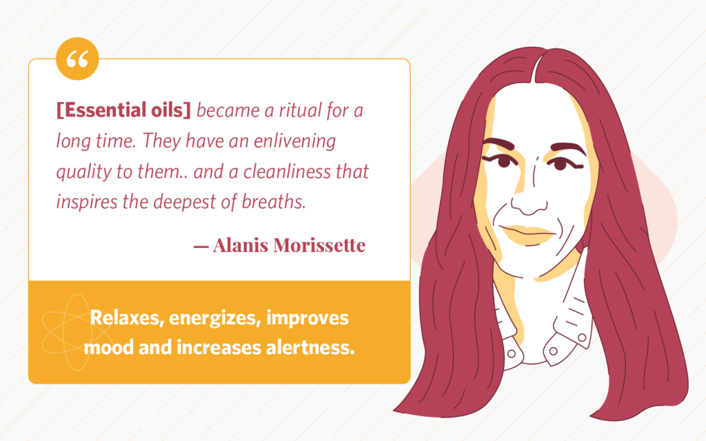 Illustration of Alanis Morissette and quote about essential oils