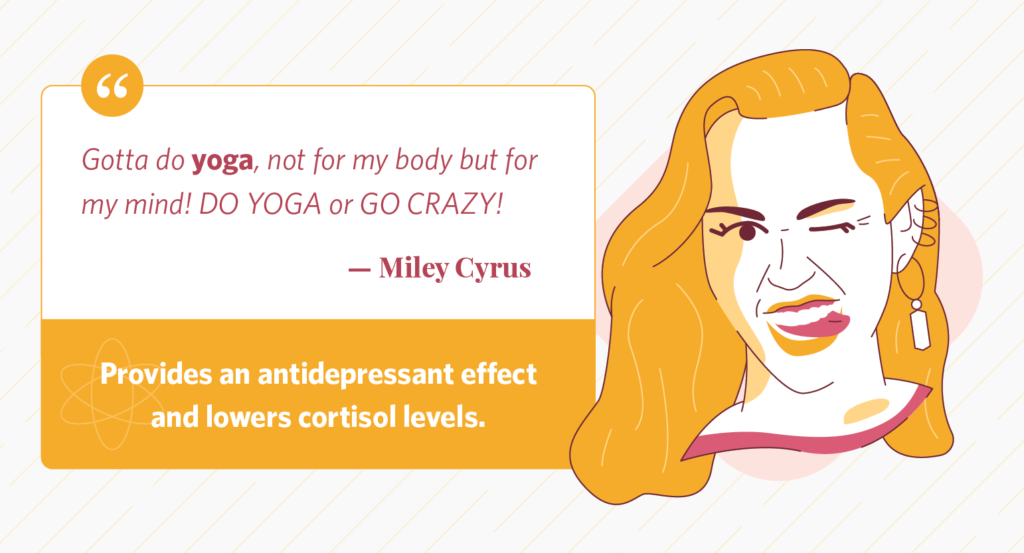 Illustration of Miley Cyrus and quote about yoga