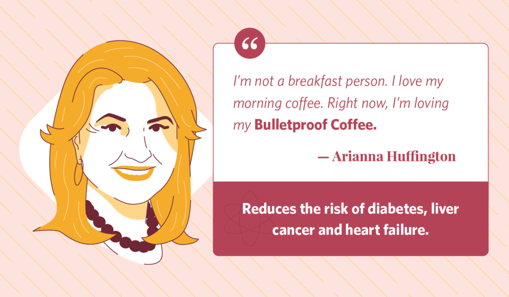 Illustration of Arianna Huffington and quote about coffee